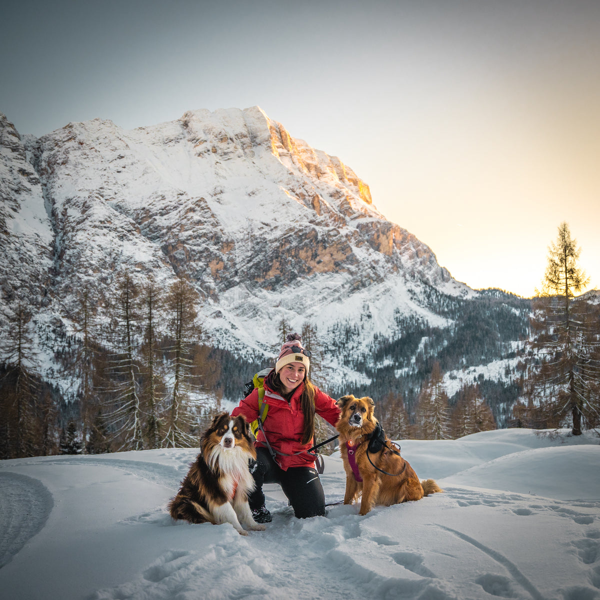 Adriana with two dogs in the snow